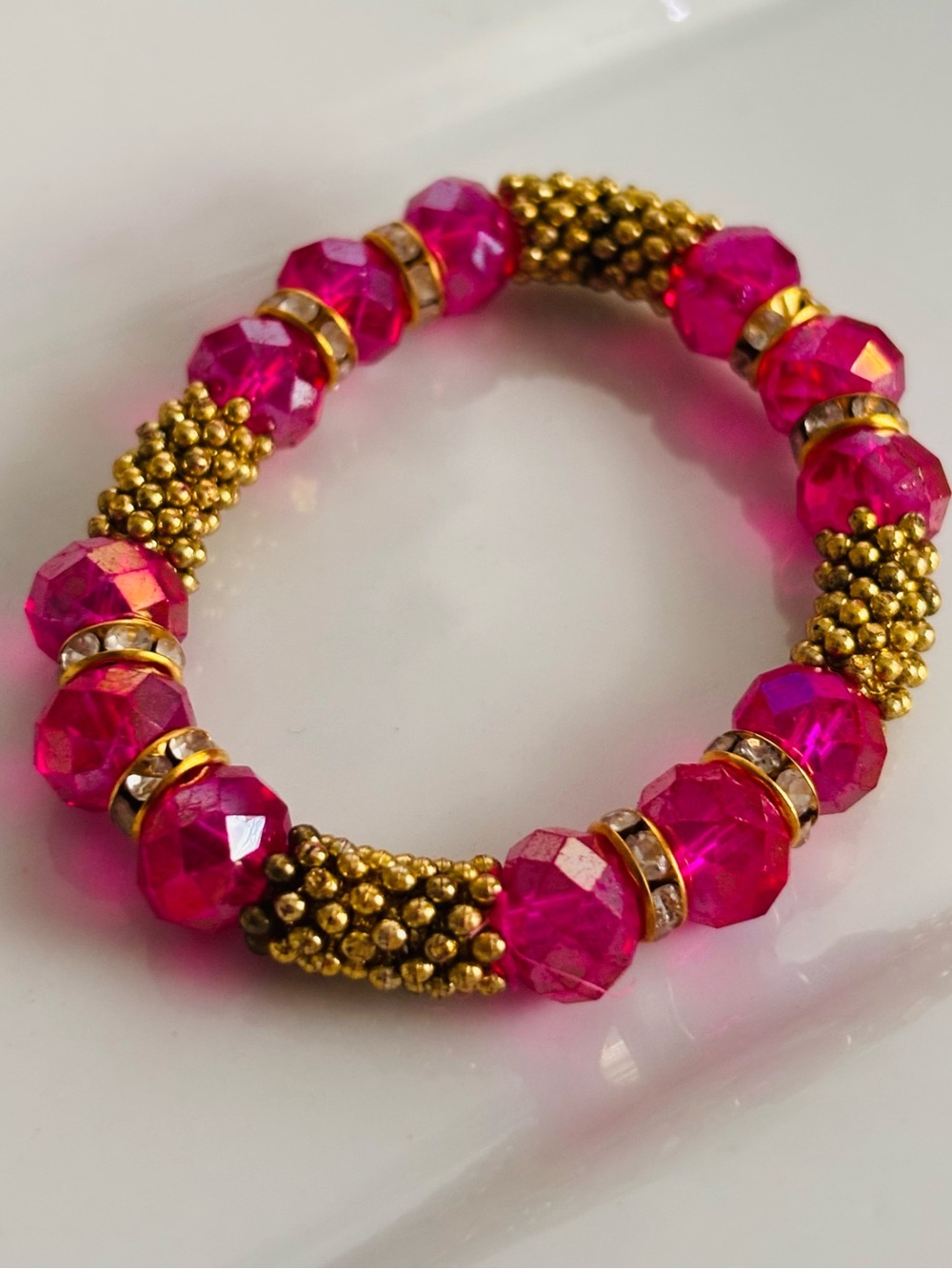 Gold & Hot Pink Beaded Stretch Bracelet
